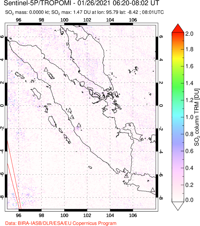 A sulfur dioxide image over Sumatra, Indonesia on Jan 26, 2021.