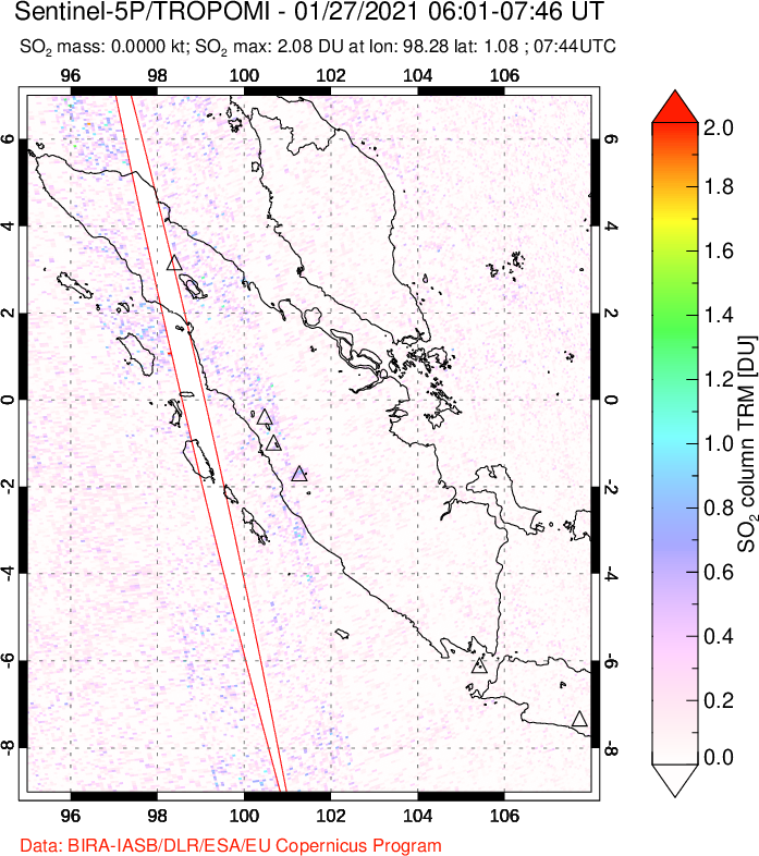 A sulfur dioxide image over Sumatra, Indonesia on Jan 27, 2021.