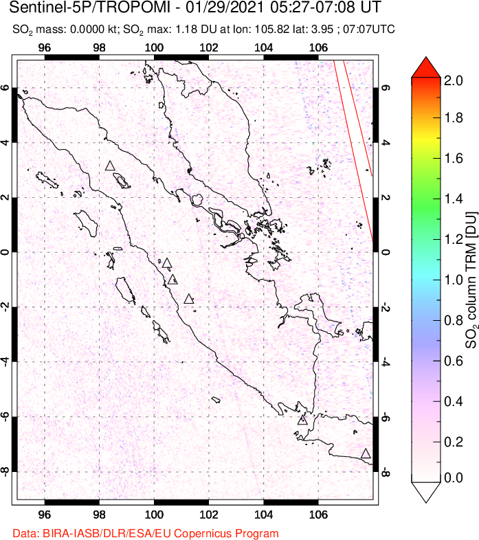 A sulfur dioxide image over Sumatra, Indonesia on Jan 29, 2021.