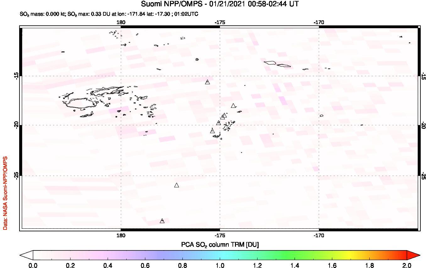A sulfur dioxide image over Tonga, South Pacific on Jan 21, 2021.