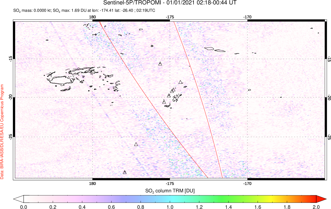 A sulfur dioxide image over Tonga, South Pacific on Jan 01, 2021.