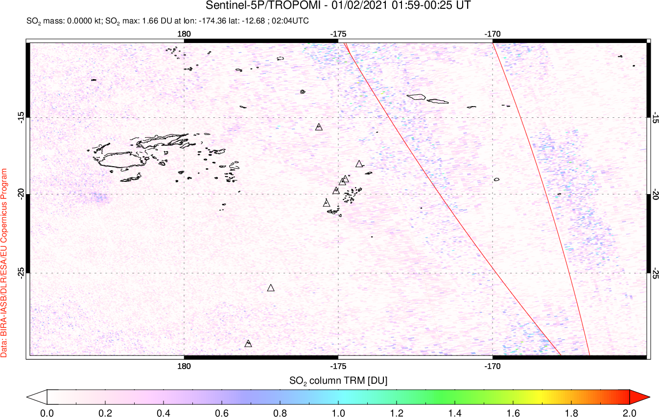 A sulfur dioxide image over Tonga, South Pacific on Jan 02, 2021.