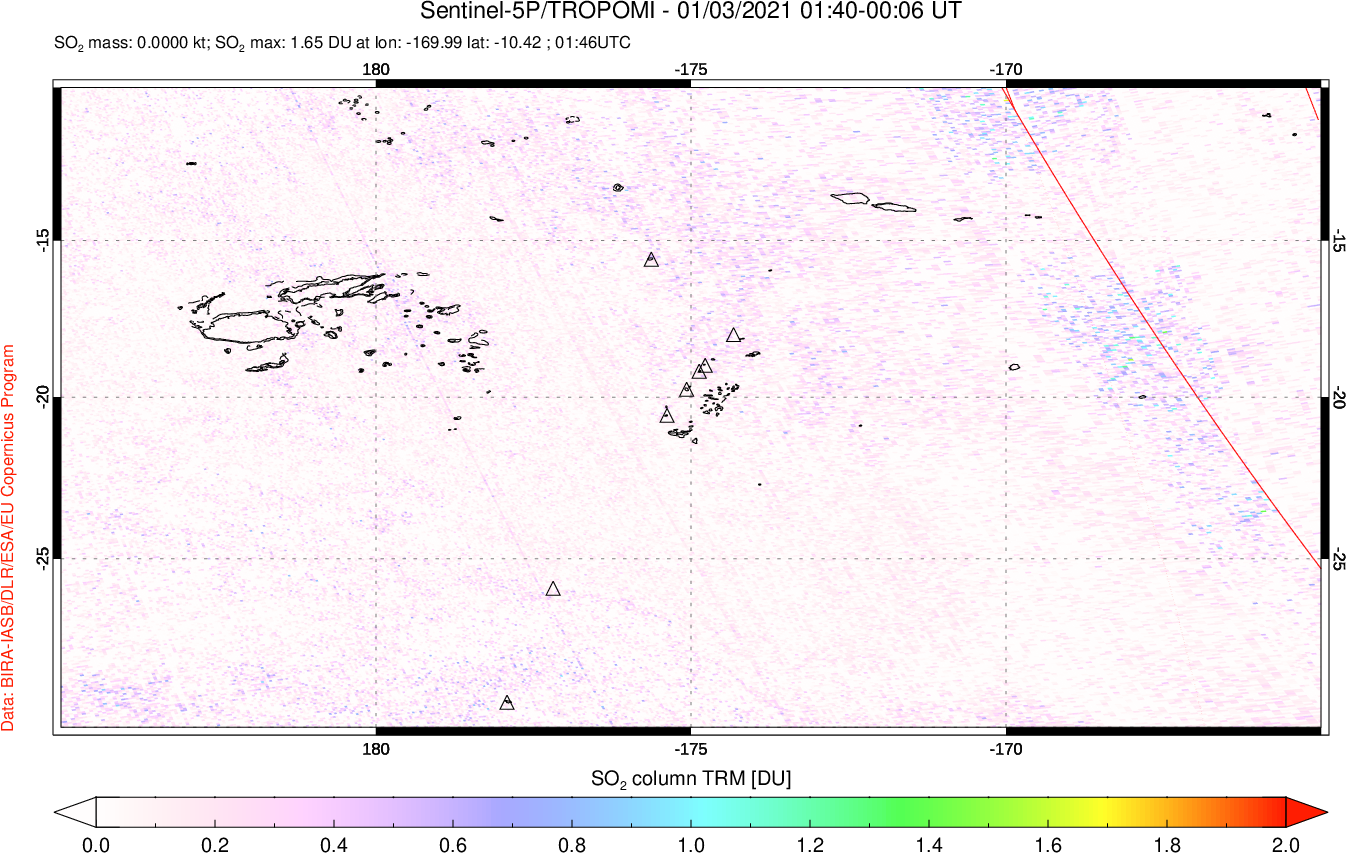 A sulfur dioxide image over Tonga, South Pacific on Jan 03, 2021.