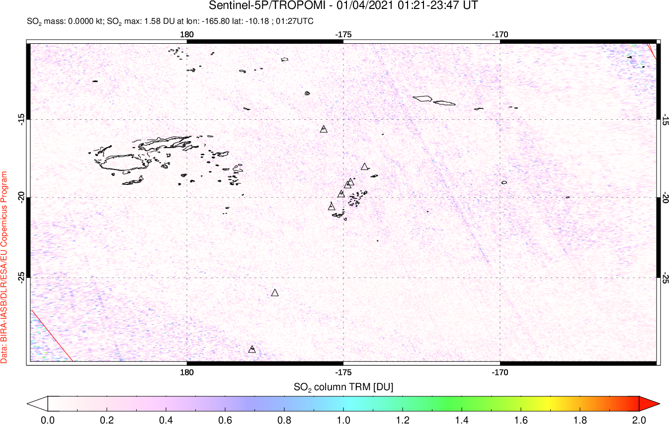A sulfur dioxide image over Tonga, South Pacific on Jan 04, 2021.