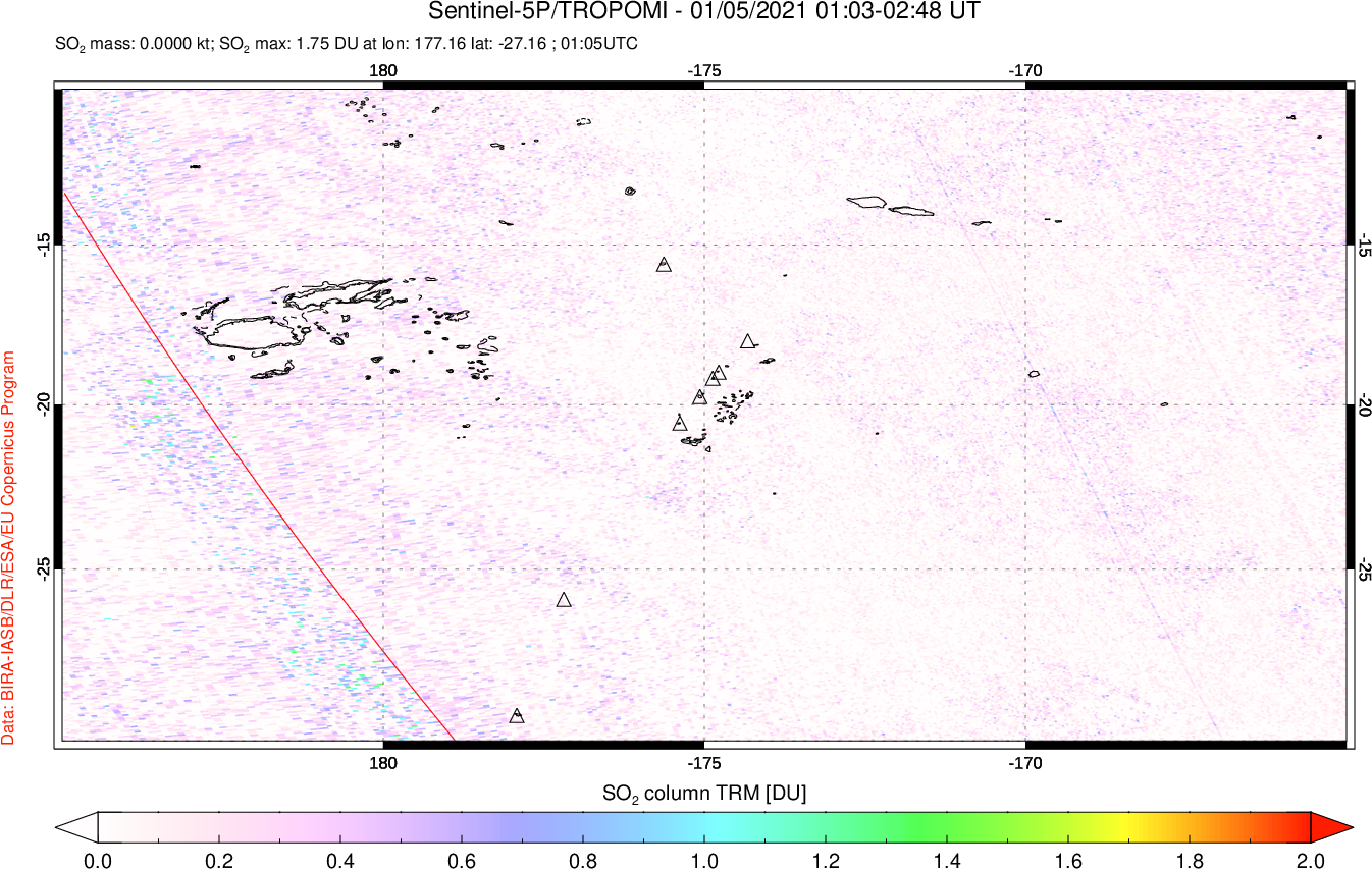 A sulfur dioxide image over Tonga, South Pacific on Jan 05, 2021.
