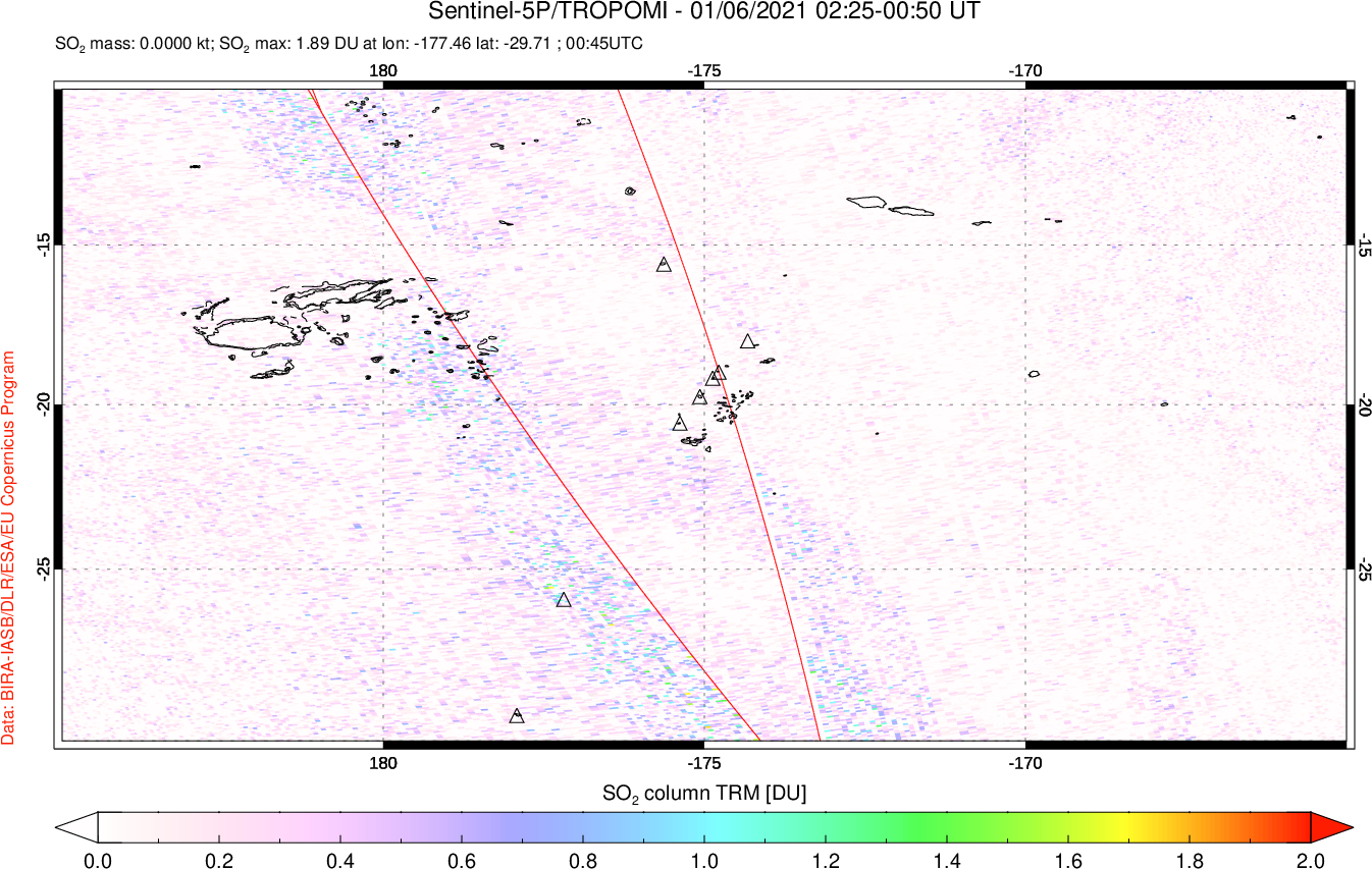 A sulfur dioxide image over Tonga, South Pacific on Jan 06, 2021.