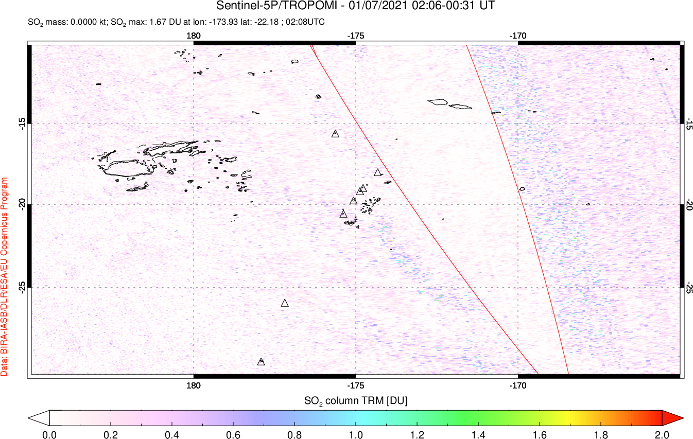 A sulfur dioxide image over Tonga, South Pacific on Jan 07, 2021.