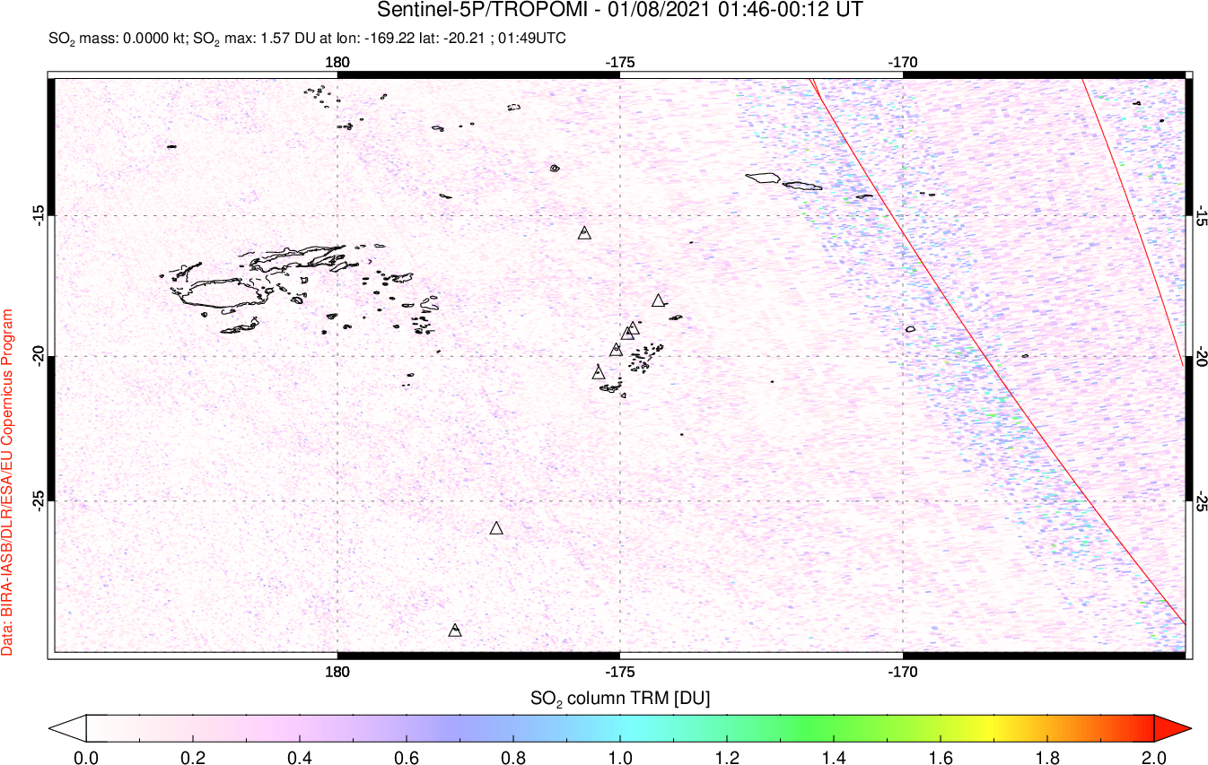 A sulfur dioxide image over Tonga, South Pacific on Jan 08, 2021.