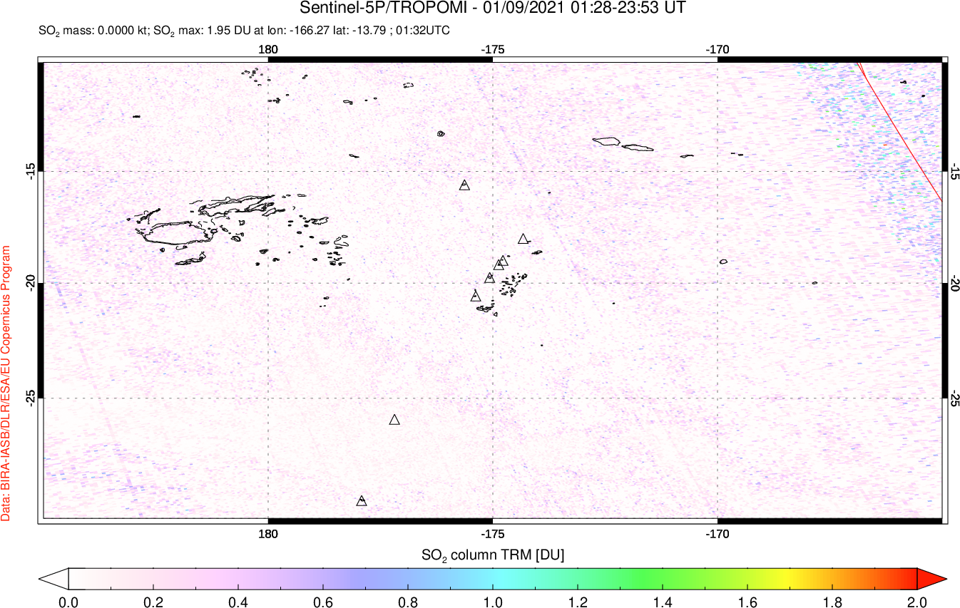 A sulfur dioxide image over Tonga, South Pacific on Jan 09, 2021.