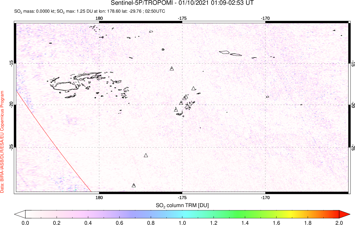 A sulfur dioxide image over Tonga, South Pacific on Jan 10, 2021.