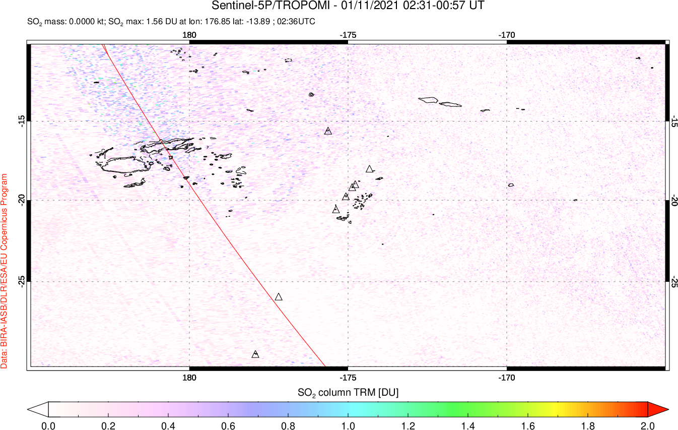 A sulfur dioxide image over Tonga, South Pacific on Jan 11, 2021.