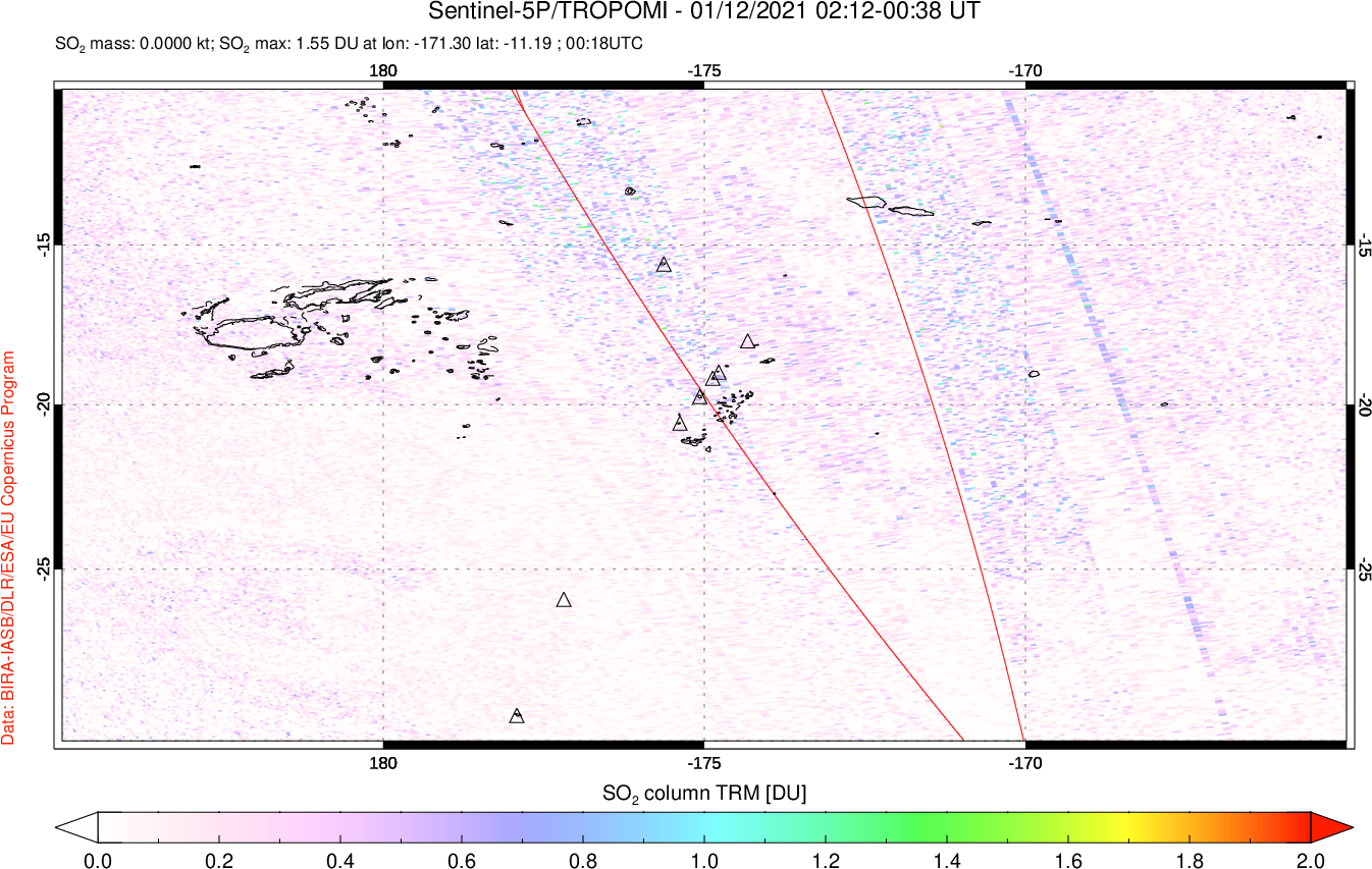 A sulfur dioxide image over Tonga, South Pacific on Jan 12, 2021.