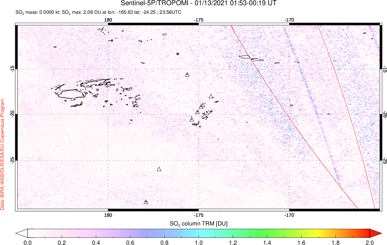 A sulfur dioxide image over Tonga, South Pacific on Jan 13, 2021.