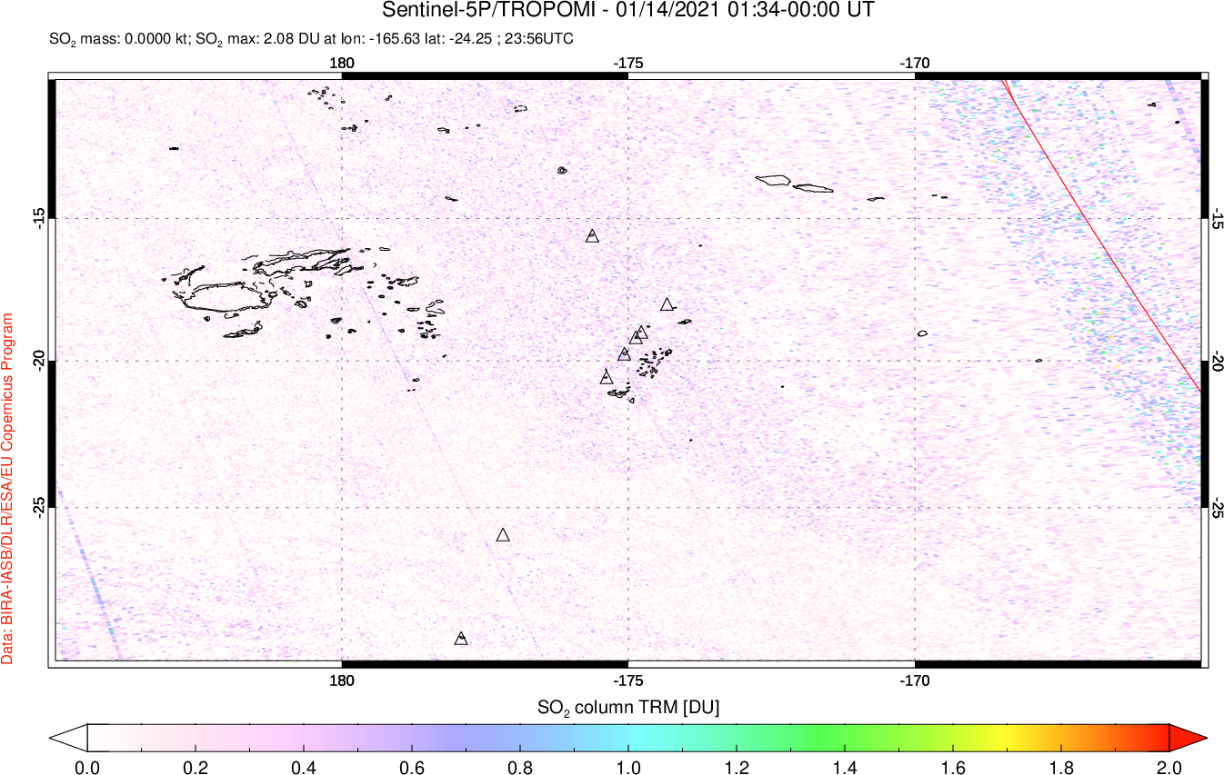A sulfur dioxide image over Tonga, South Pacific on Jan 14, 2021.