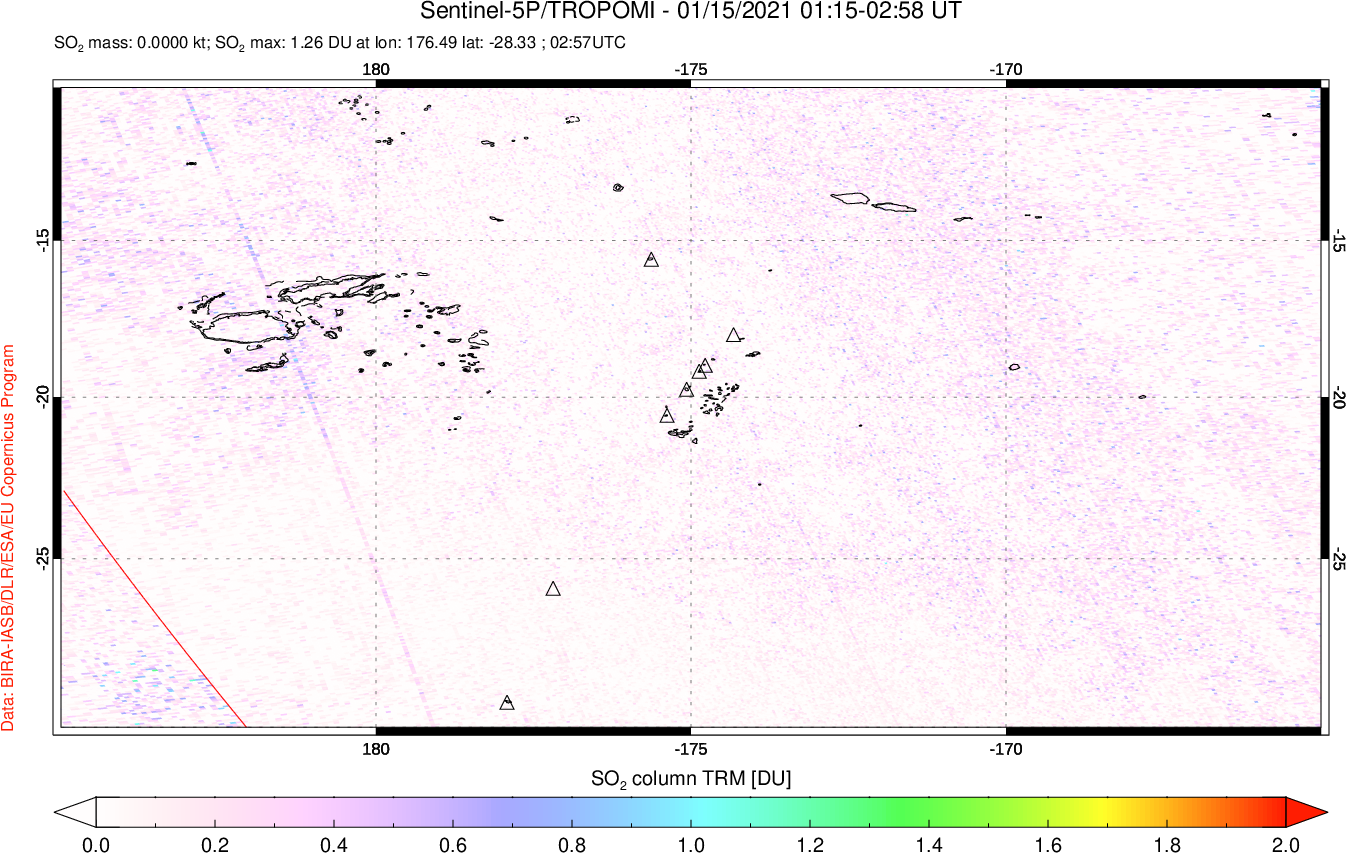 A sulfur dioxide image over Tonga, South Pacific on Jan 15, 2021.