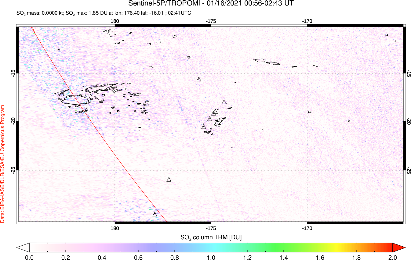 A sulfur dioxide image over Tonga, South Pacific on Jan 16, 2021.
