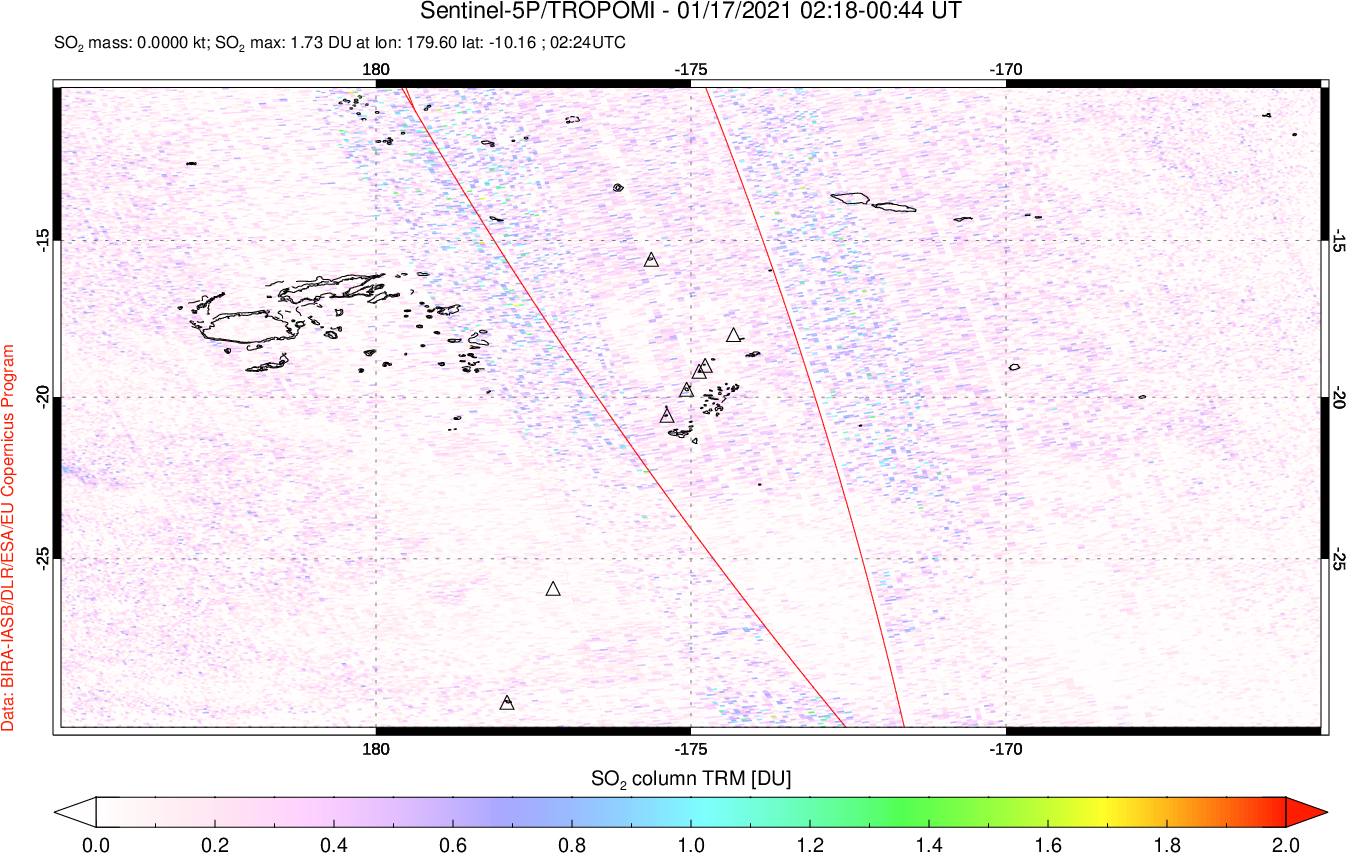 A sulfur dioxide image over Tonga, South Pacific on Jan 17, 2021.