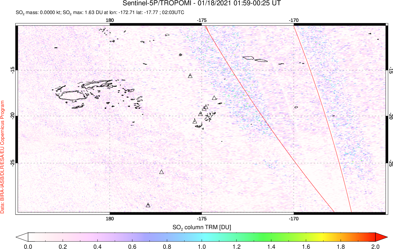 A sulfur dioxide image over Tonga, South Pacific on Jan 18, 2021.