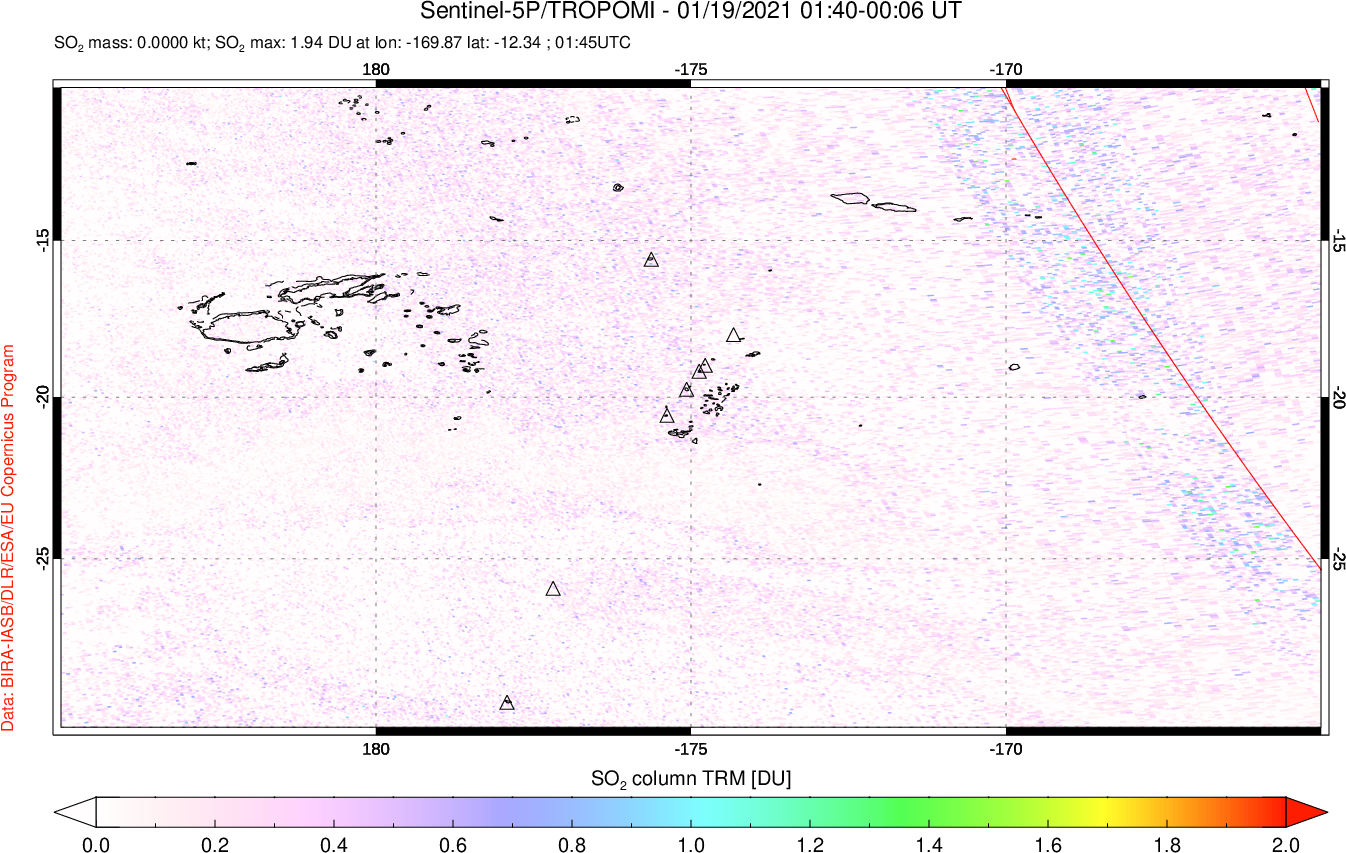 A sulfur dioxide image over Tonga, South Pacific on Jan 19, 2021.