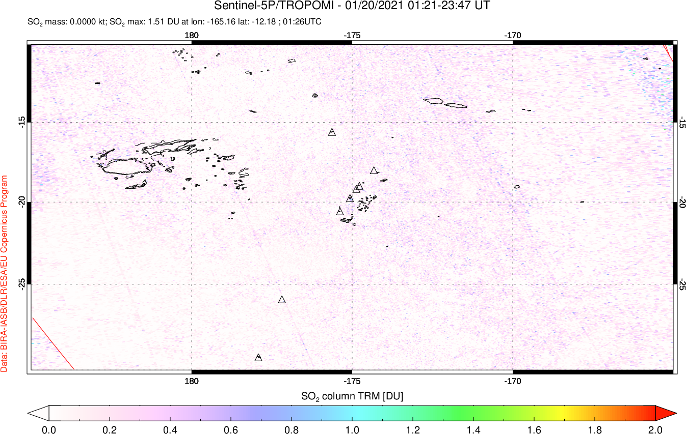 A sulfur dioxide image over Tonga, South Pacific on Jan 20, 2021.