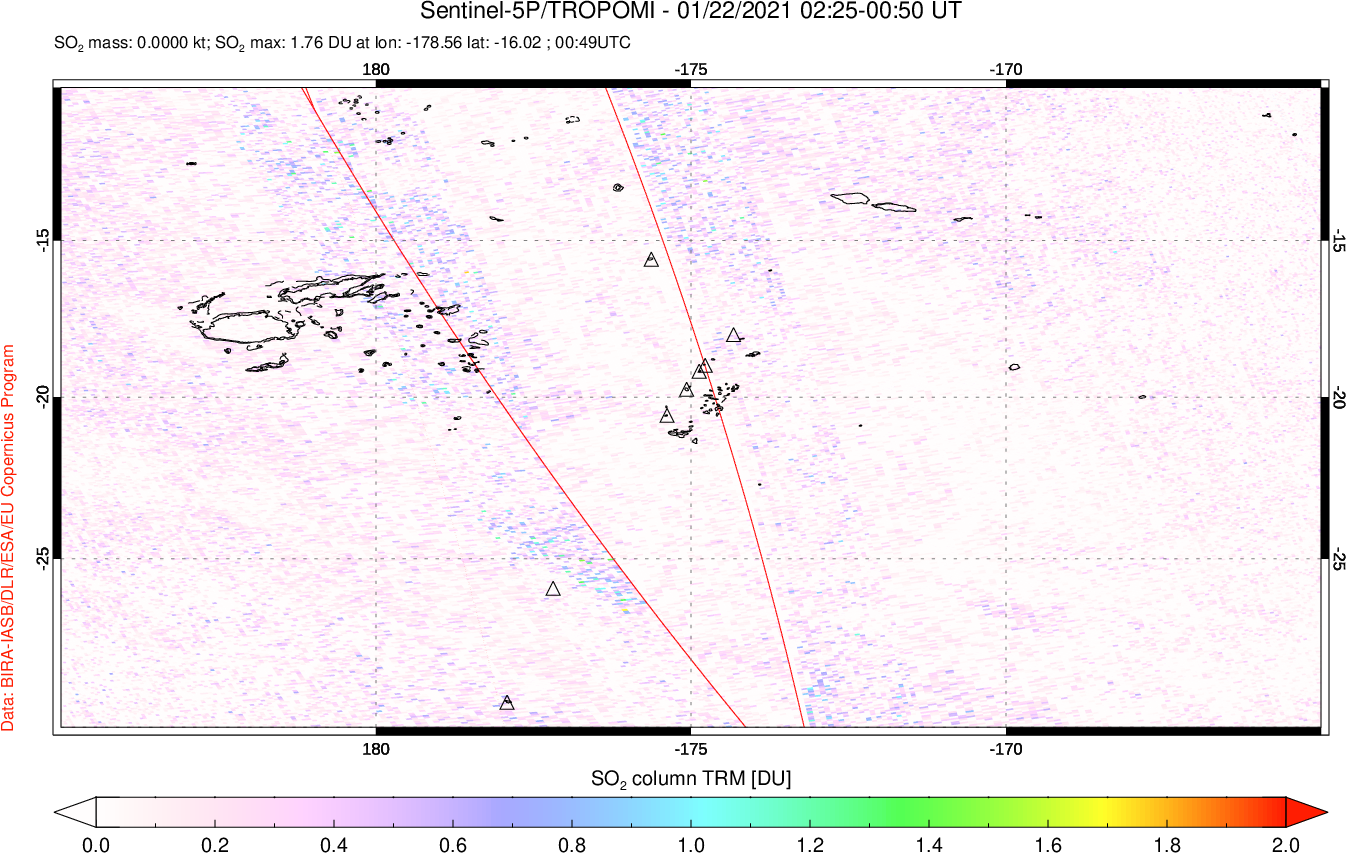 A sulfur dioxide image over Tonga, South Pacific on Jan 22, 2021.