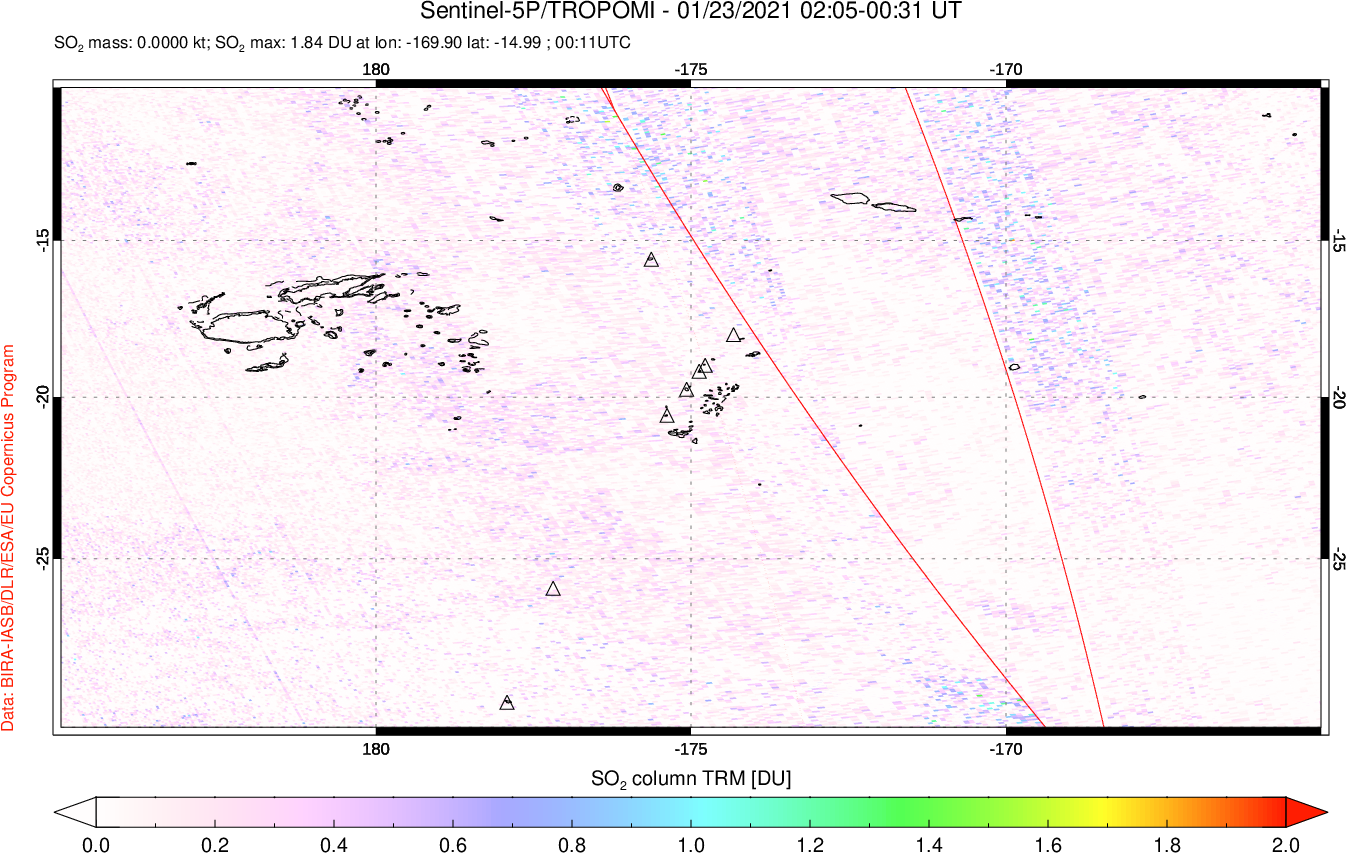 A sulfur dioxide image over Tonga, South Pacific on Jan 23, 2021.