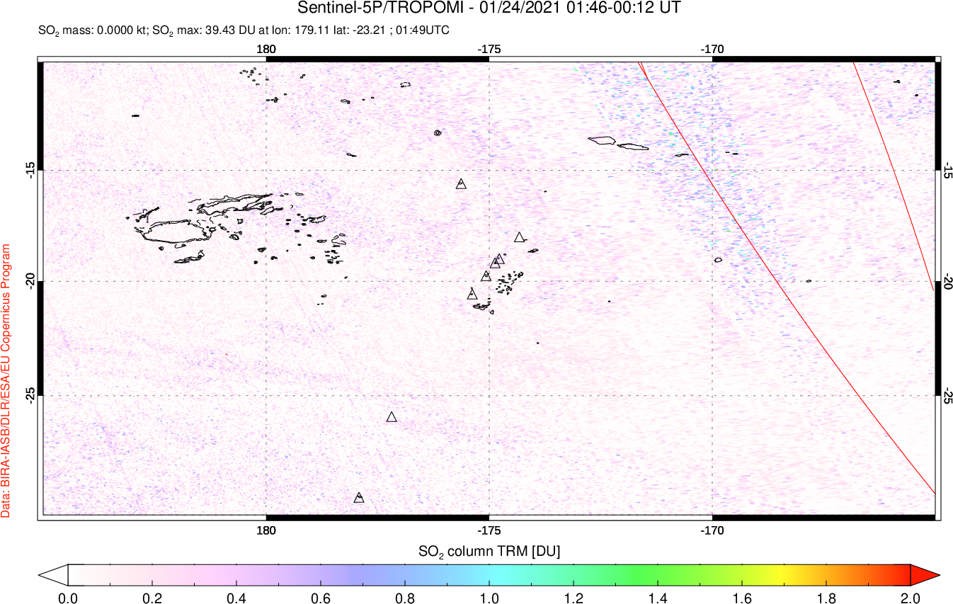 A sulfur dioxide image over Tonga, South Pacific on Jan 24, 2021.