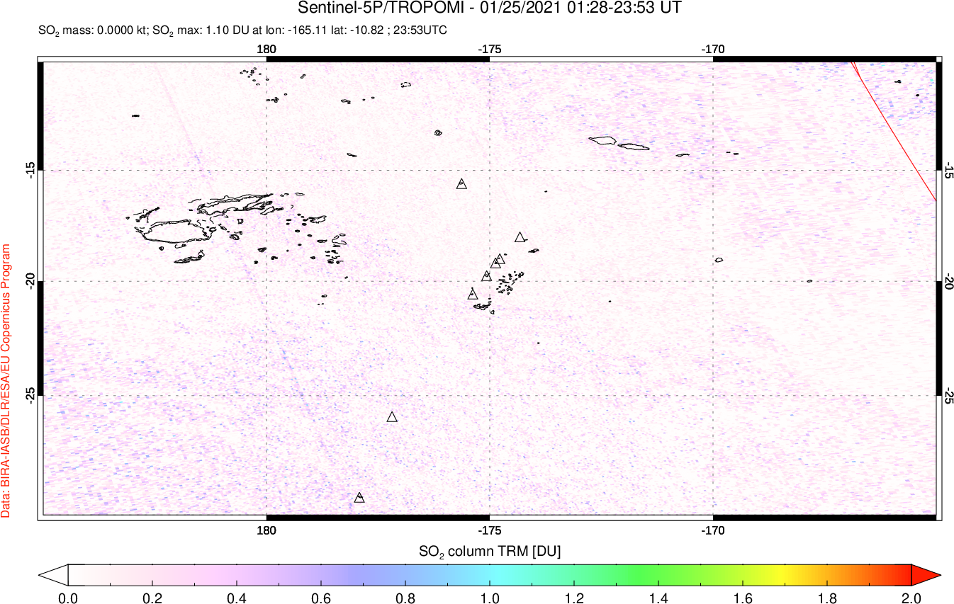 A sulfur dioxide image over Tonga, South Pacific on Jan 25, 2021.