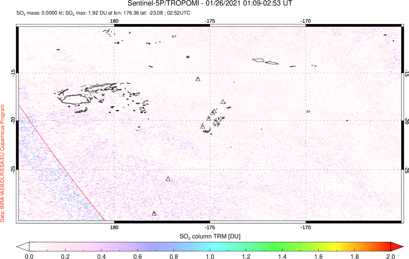 A sulfur dioxide image over Tonga, South Pacific on Jan 26, 2021.