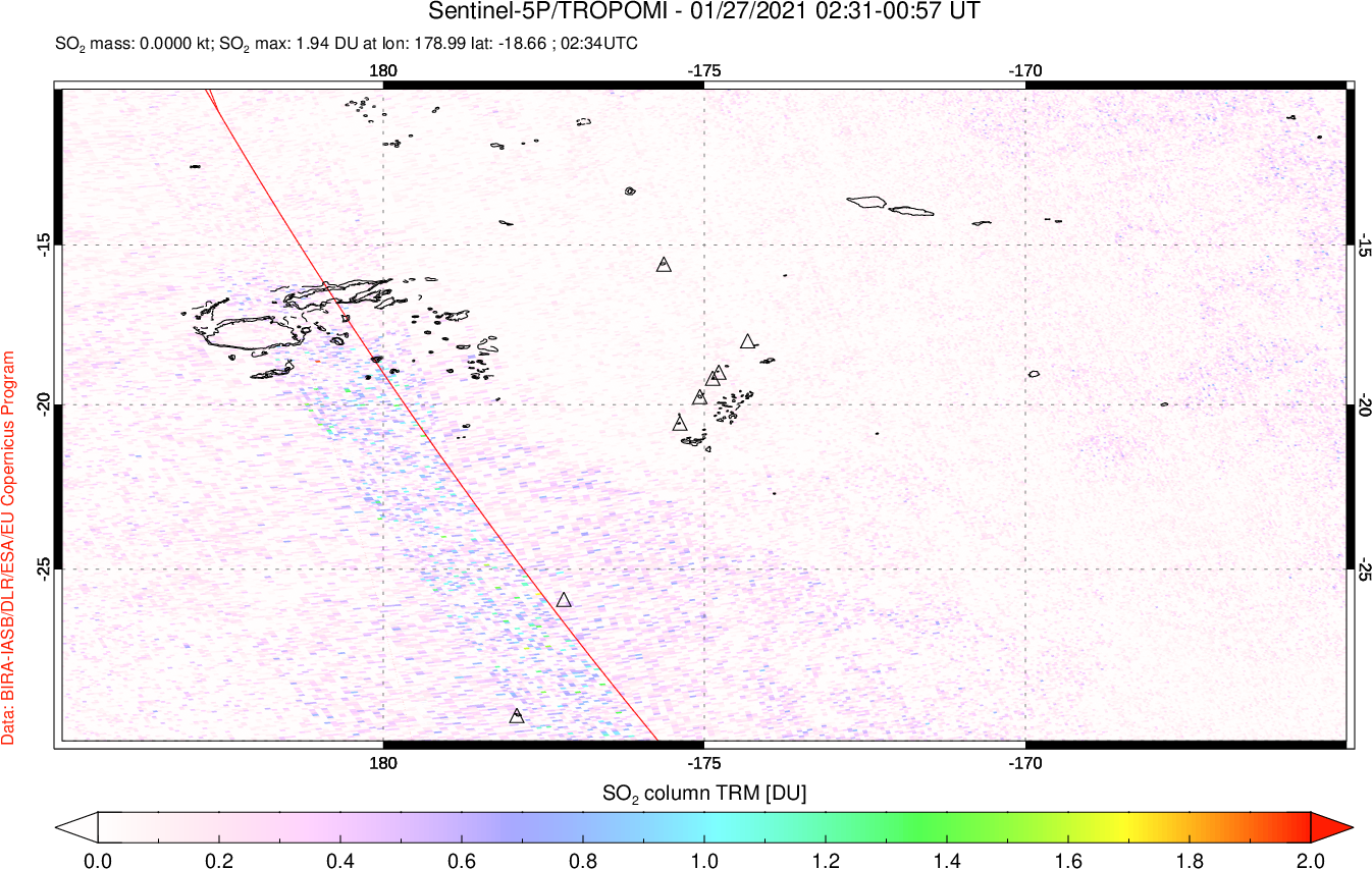 A sulfur dioxide image over Tonga, South Pacific on Jan 27, 2021.