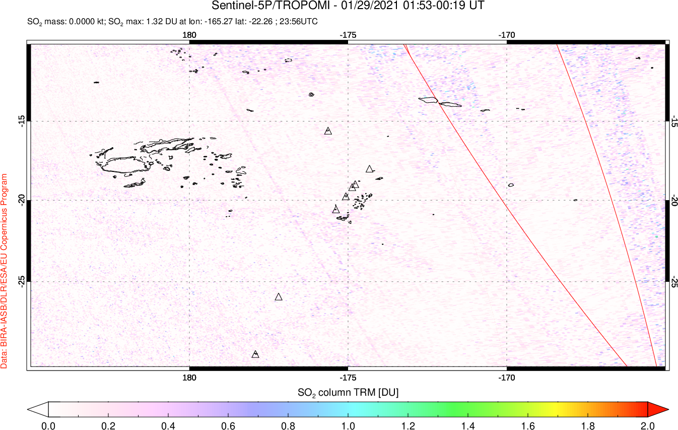A sulfur dioxide image over Tonga, South Pacific on Jan 29, 2021.
