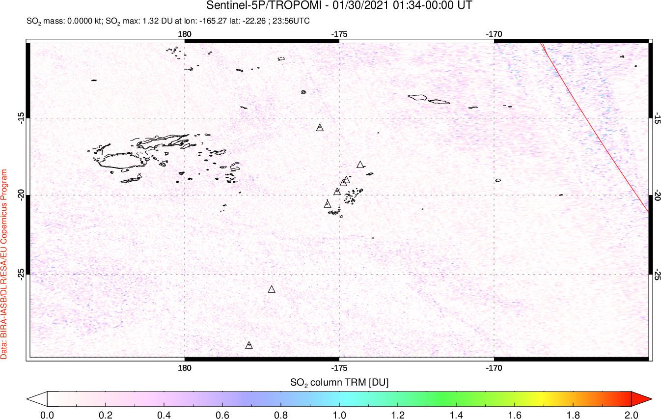 A sulfur dioxide image over Tonga, South Pacific on Jan 30, 2021.