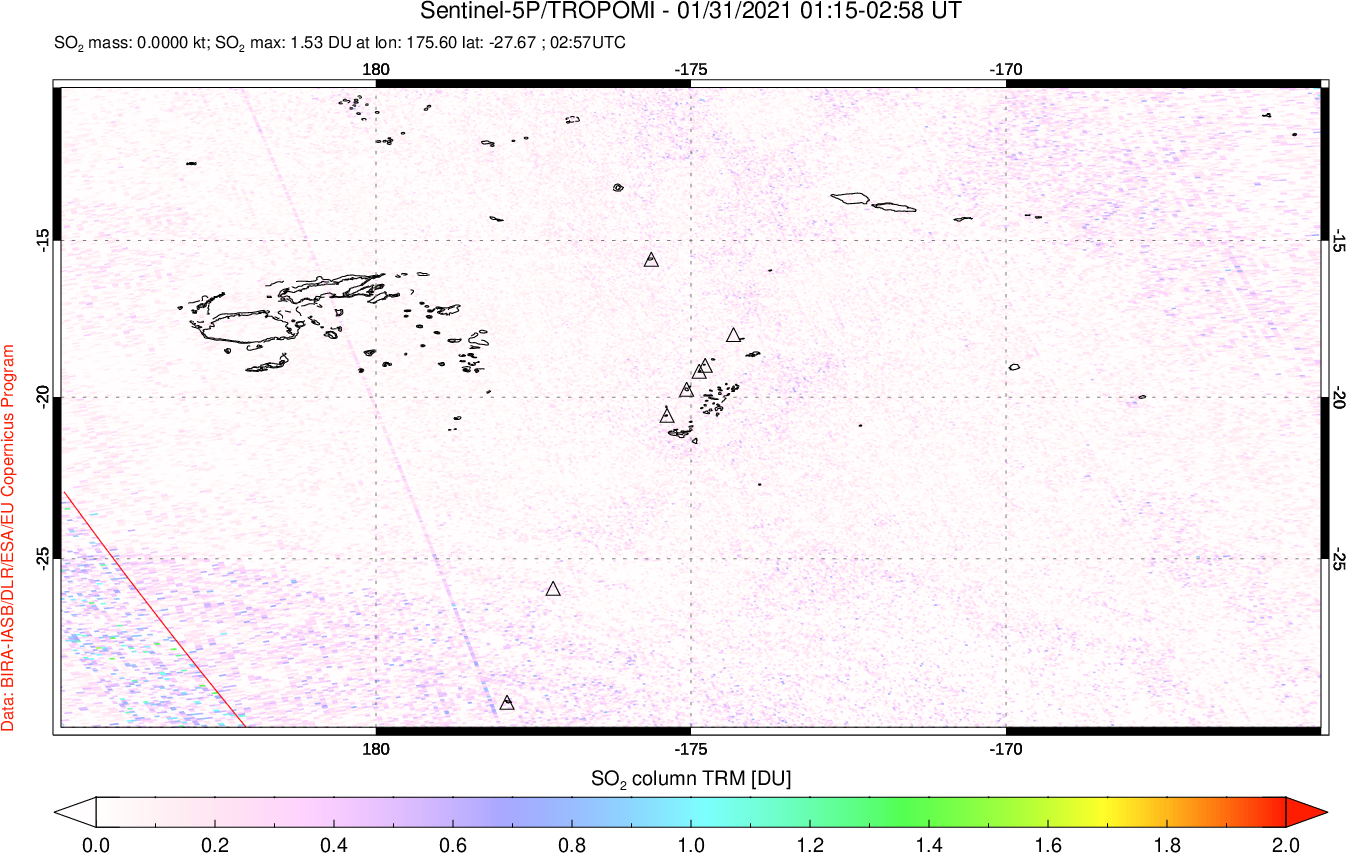 A sulfur dioxide image over Tonga, South Pacific on Jan 31, 2021.