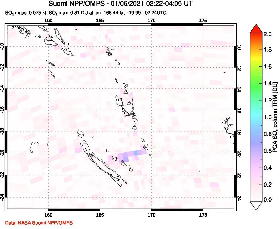 A sulfur dioxide image over Vanuatu, South Pacific on Jan 06, 2021.