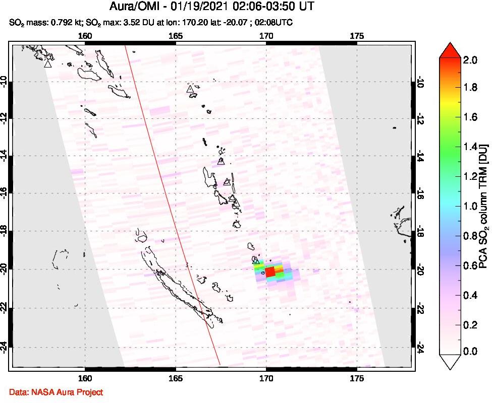 A sulfur dioxide image over Vanuatu, South Pacific on Jan 19, 2021.
