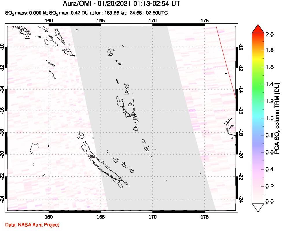 A sulfur dioxide image over Vanuatu, South Pacific on Jan 20, 2021.