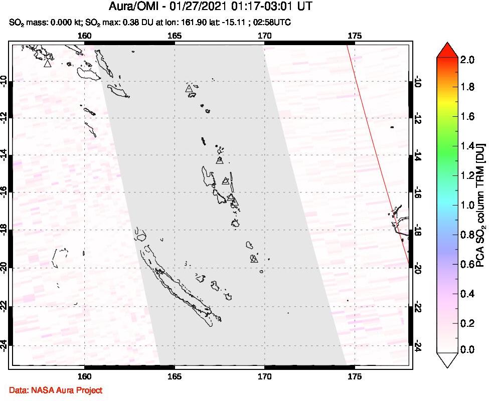 A sulfur dioxide image over Vanuatu, South Pacific on Jan 27, 2021.