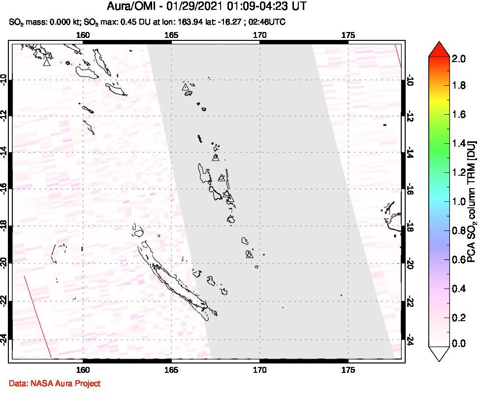 A sulfur dioxide image over Vanuatu, South Pacific on Jan 29, 2021.
