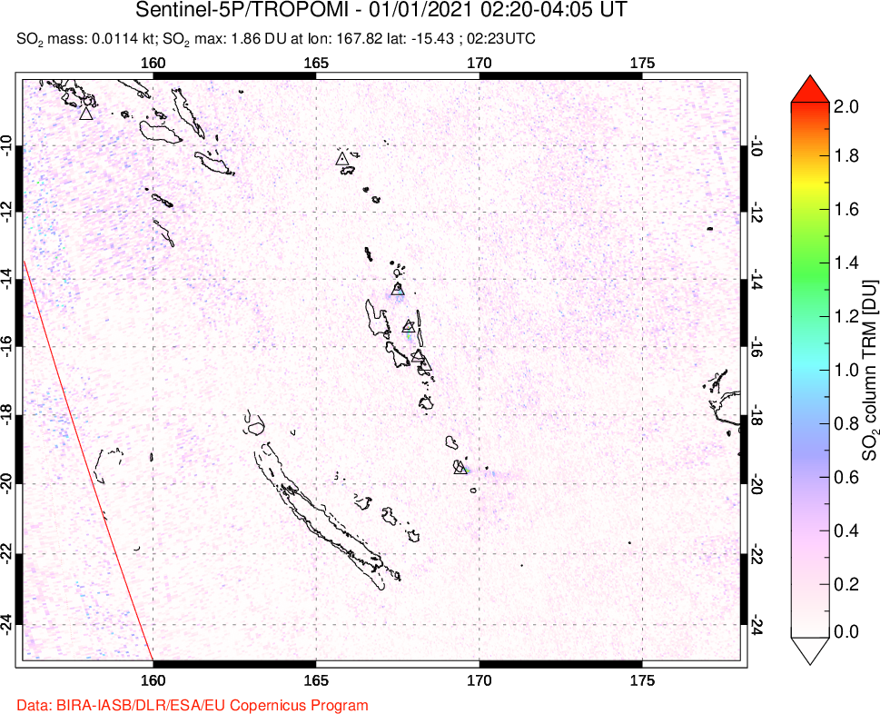 A sulfur dioxide image over Vanuatu, South Pacific on Jan 01, 2021.