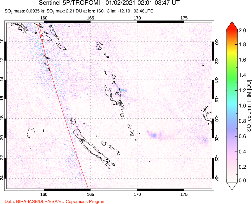 A sulfur dioxide image over Vanuatu, South Pacific on Jan 02, 2021.