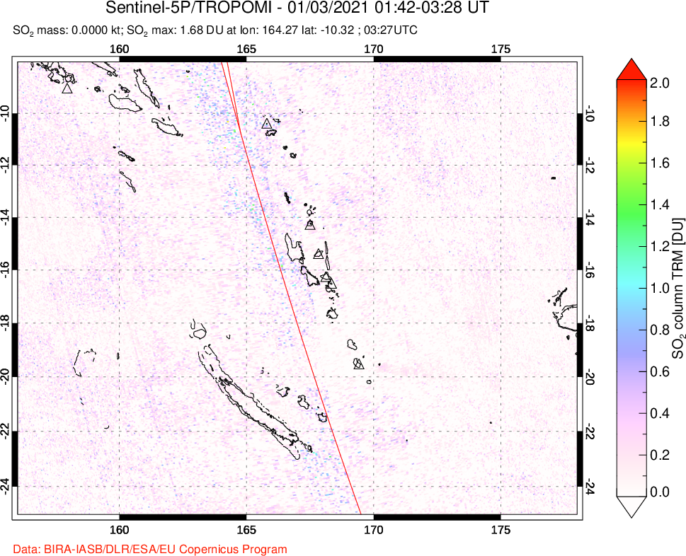 A sulfur dioxide image over Vanuatu, South Pacific on Jan 03, 2021.