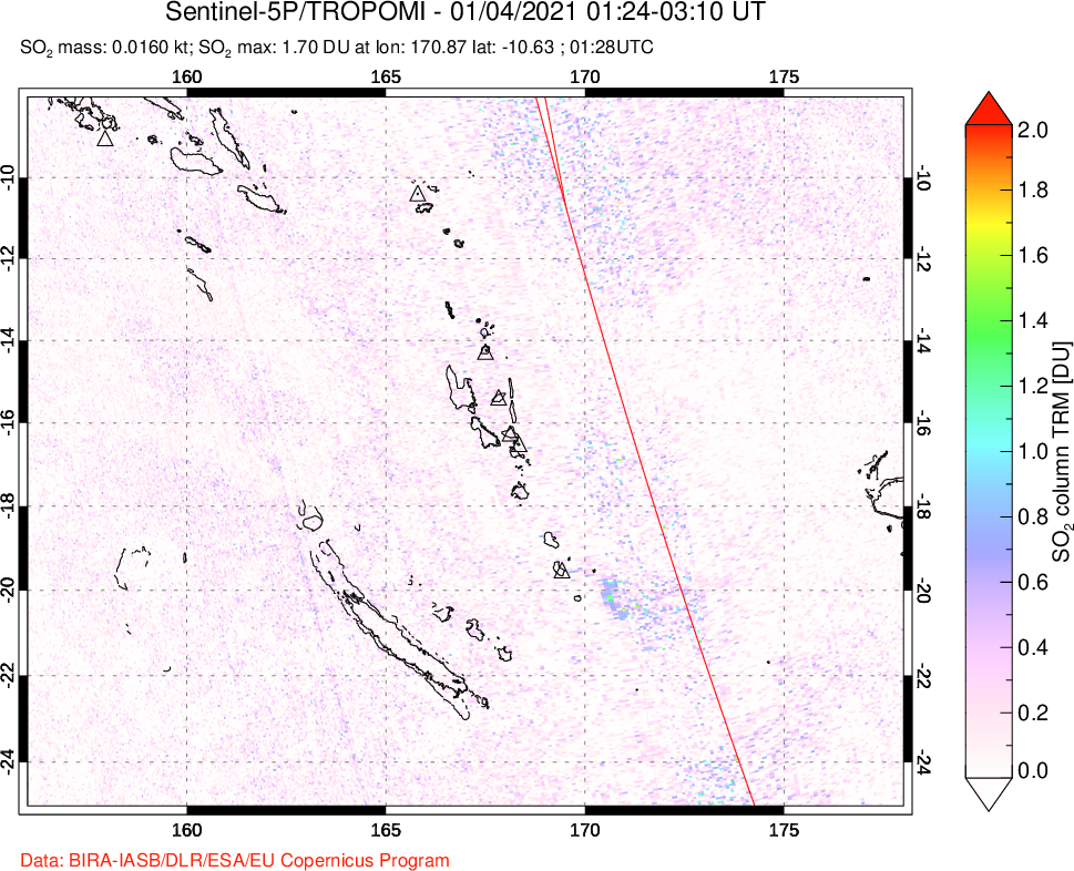 A sulfur dioxide image over Vanuatu, South Pacific on Jan 04, 2021.