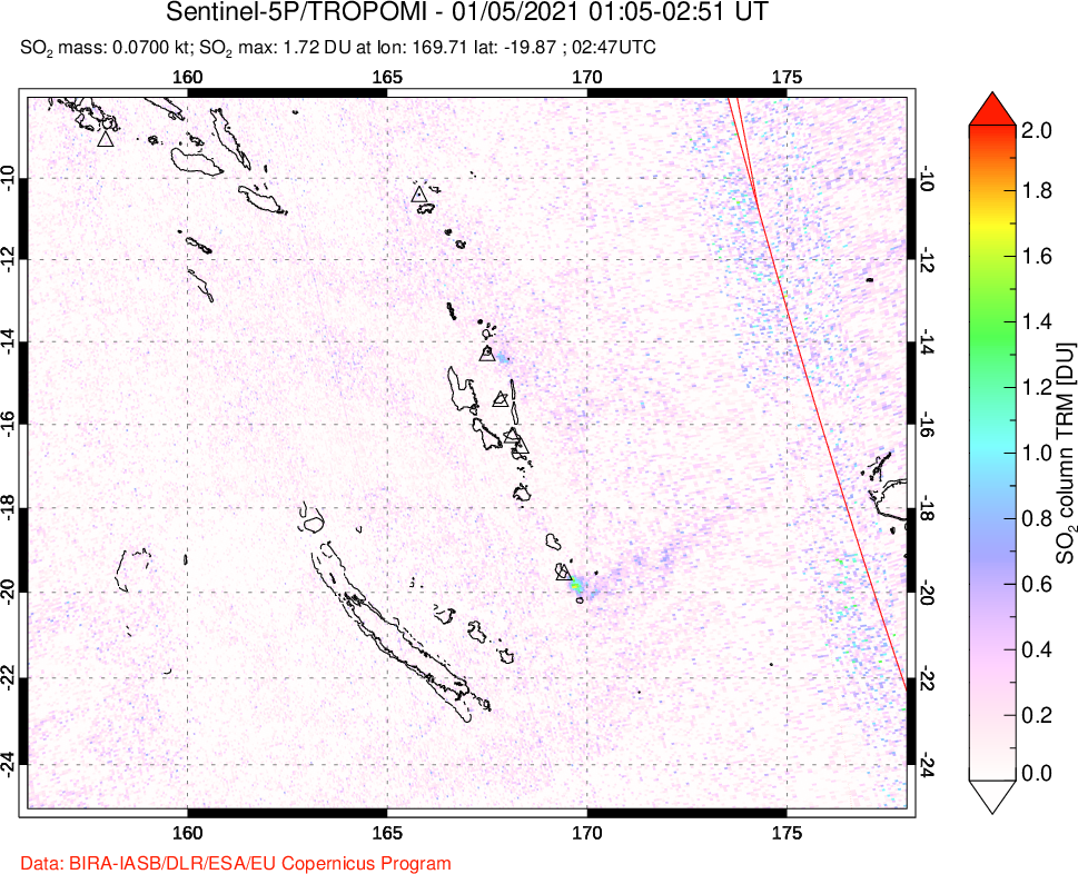 A sulfur dioxide image over Vanuatu, South Pacific on Jan 05, 2021.