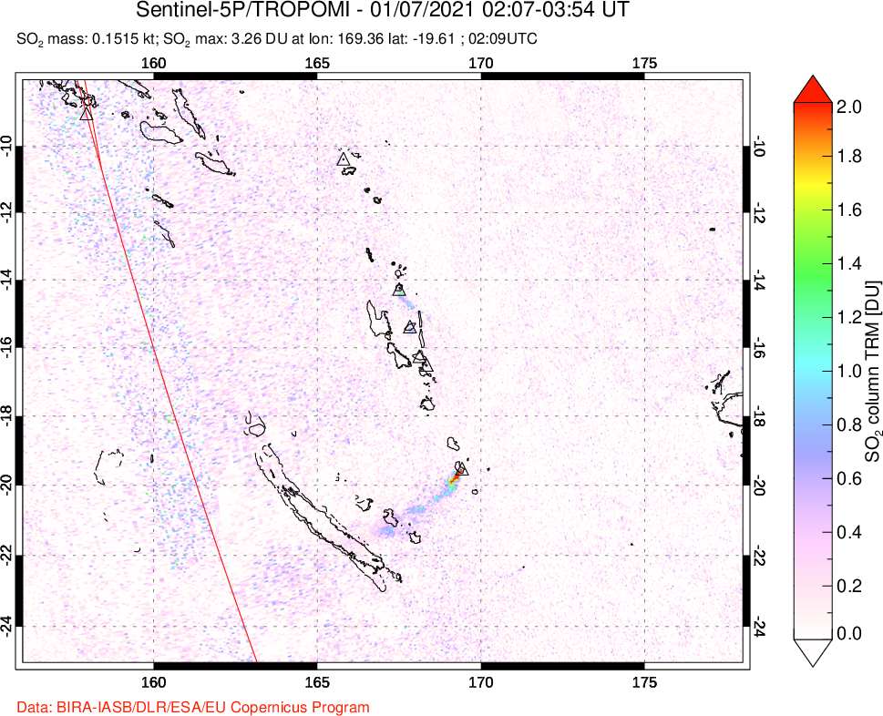 A sulfur dioxide image over Vanuatu, South Pacific on Jan 07, 2021.