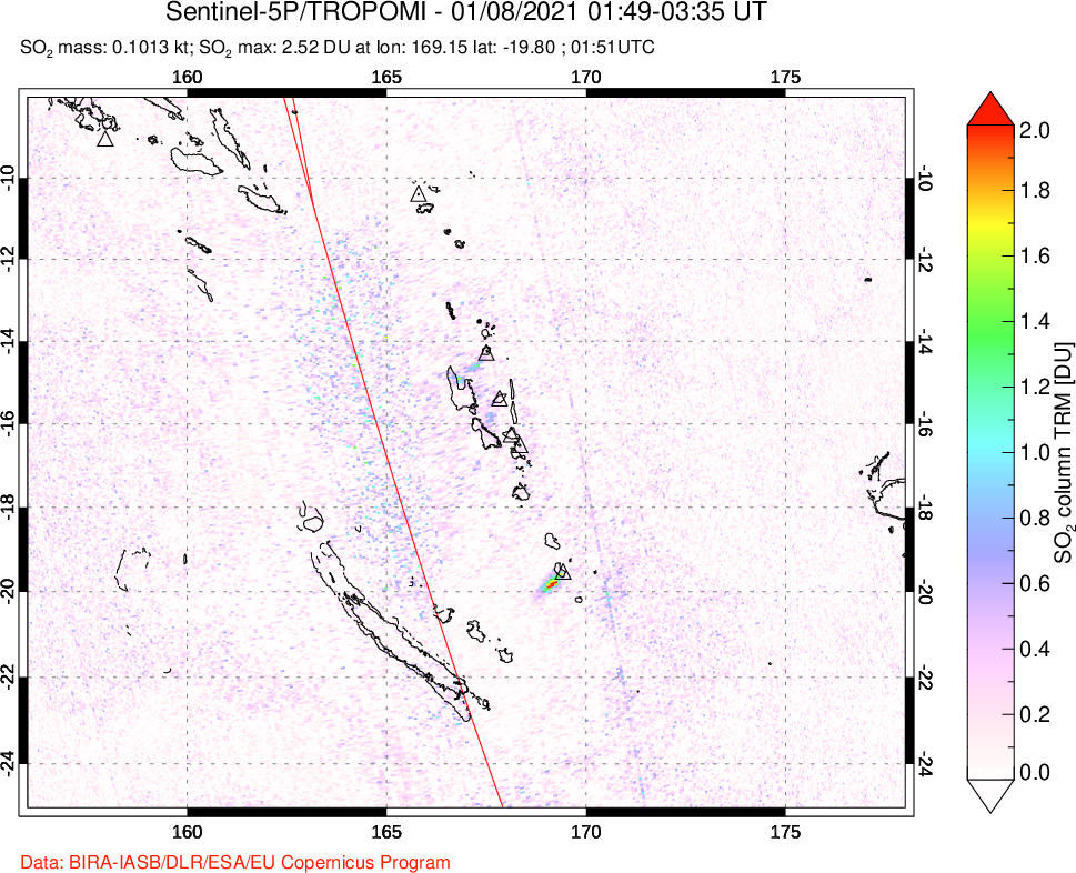 A sulfur dioxide image over Vanuatu, South Pacific on Jan 08, 2021.
