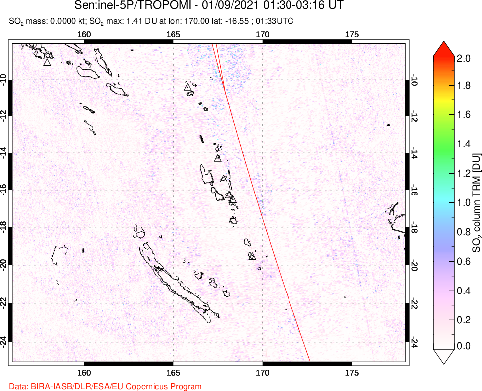 A sulfur dioxide image over Vanuatu, South Pacific on Jan 09, 2021.