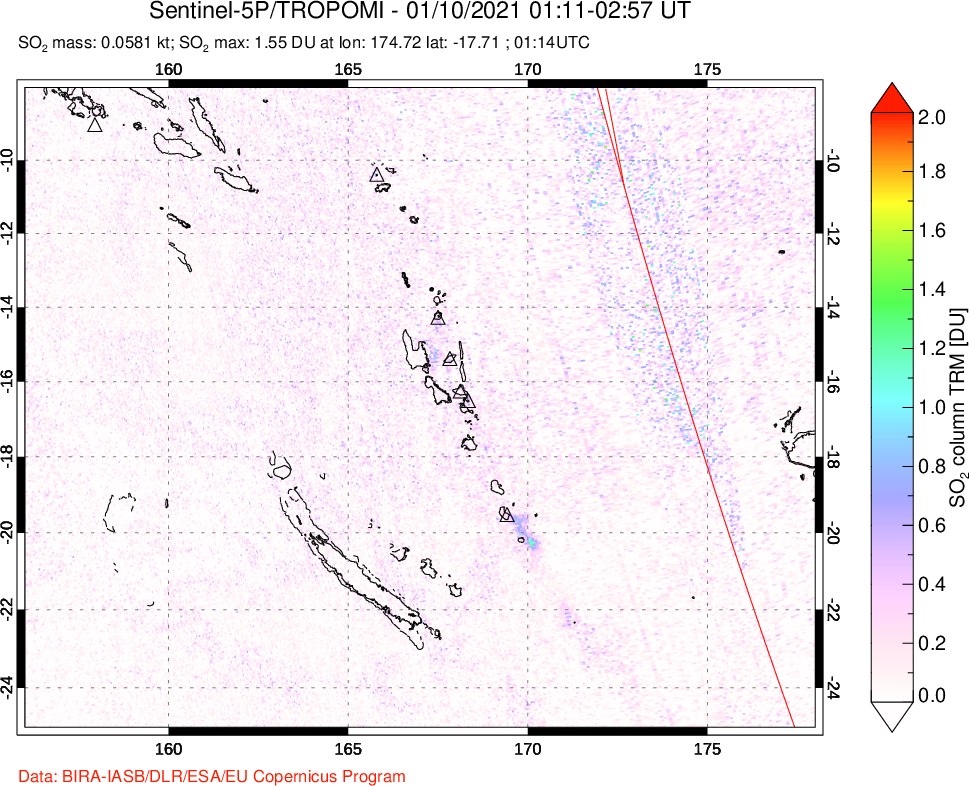 A sulfur dioxide image over Vanuatu, South Pacific on Jan 10, 2021.