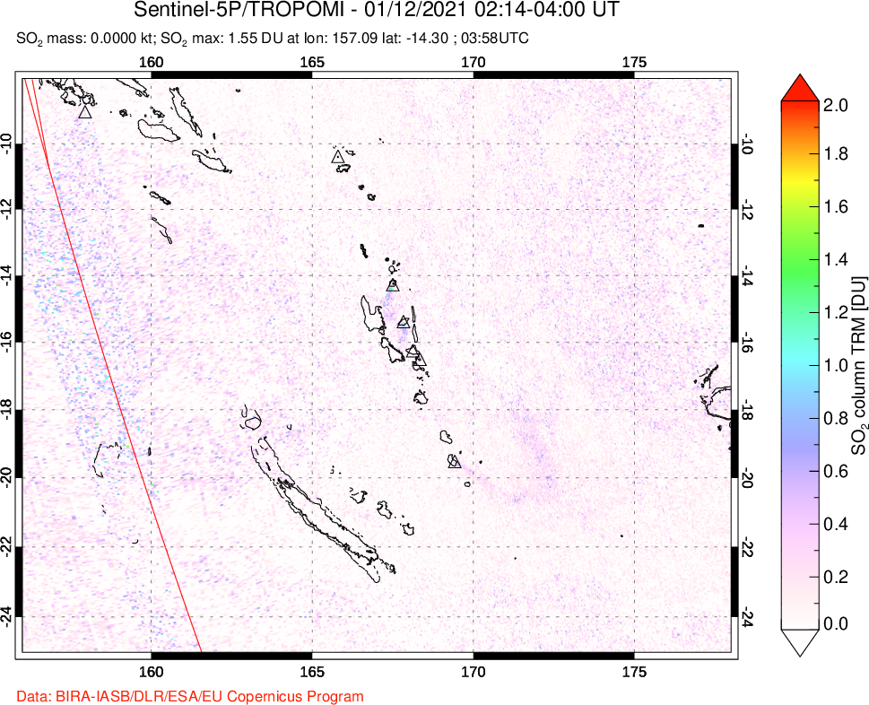 A sulfur dioxide image over Vanuatu, South Pacific on Jan 12, 2021.
