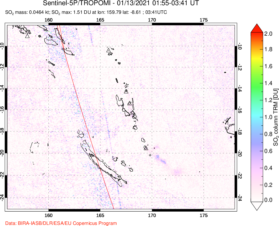 A sulfur dioxide image over Vanuatu, South Pacific on Jan 13, 2021.