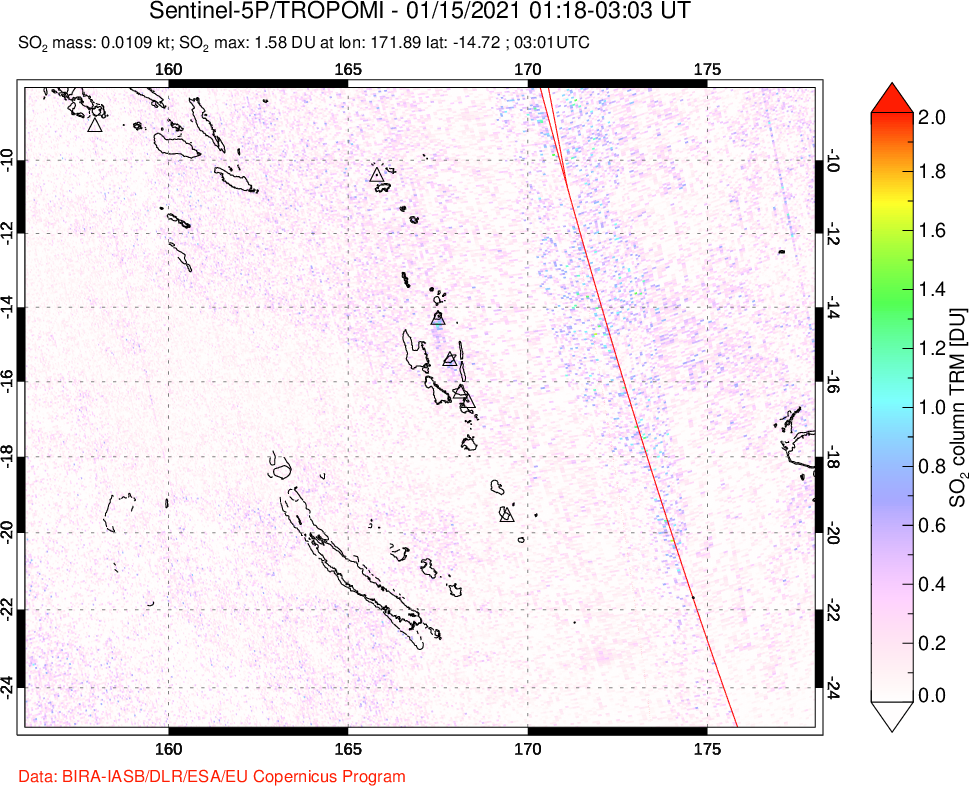A sulfur dioxide image over Vanuatu, South Pacific on Jan 15, 2021.